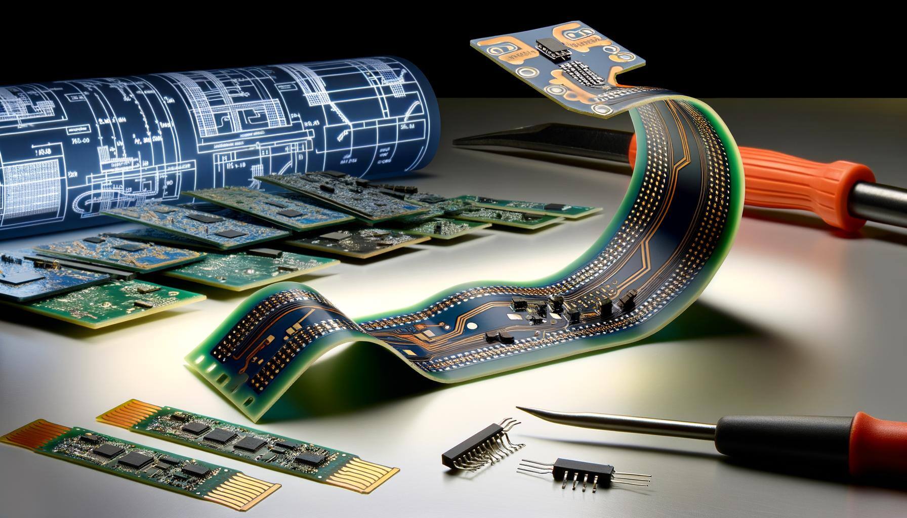 Illustrate a close-up view of an array of numerous printed circuit boards (PCBs) precisely assembled on a contemporary, neat workbench. On a section,