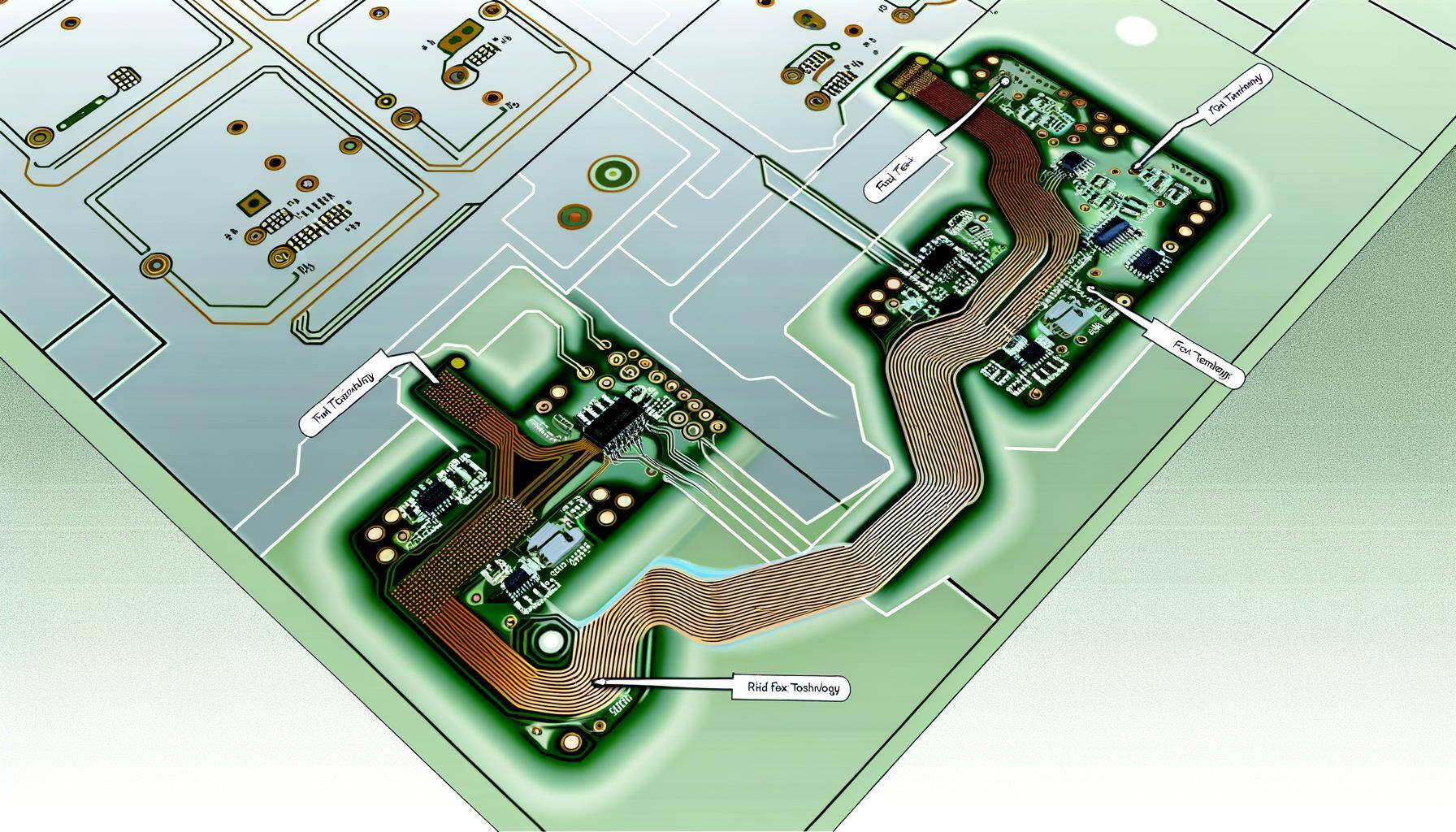 Generate an image showing a close-up view of a printed circuit board (PCB) that includes both Flex and Rigid Flex technologies. Illustrate one side of