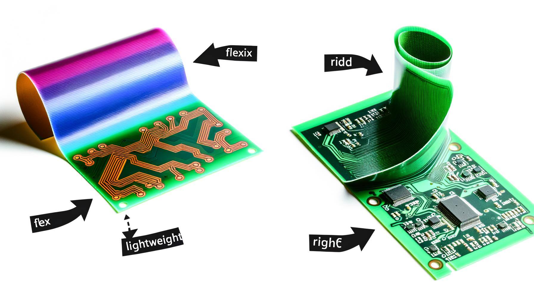 Create an image of two distinct types of printed circuit boards side-by-side on a white backdrop: a vibrant-hued Flex PCB and a Rigid Flex PCB. The Fl