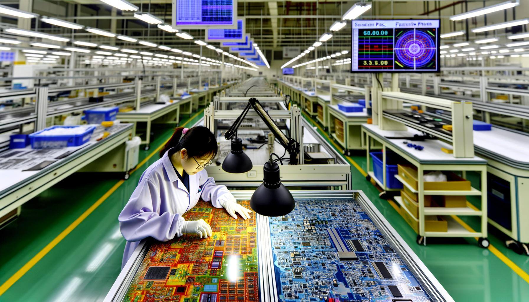 The picture depicts a busy electronics manufacturing facility presumably located in Asia, brimming with rows of high-tech machinery and personnel wear