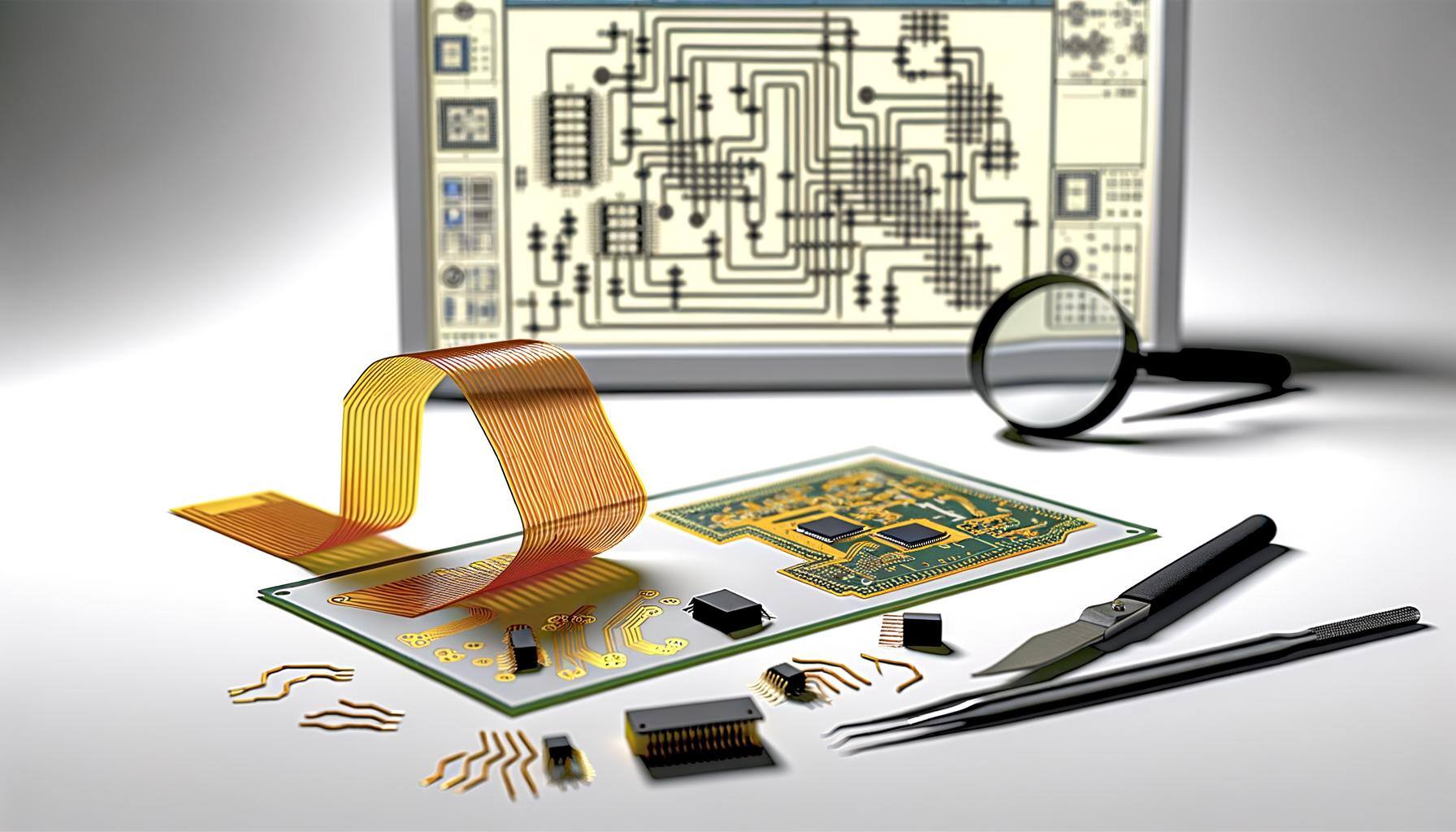 Visualize a detailed layout of Flex and Rigid Flex PCBs placed on a pure, white backdrop. The Flex PCB is featured bending and twisting, showcasing it